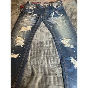 Smugglers Moon Men's Embroidered Distressed Denim Red Line Jeans - 38x35